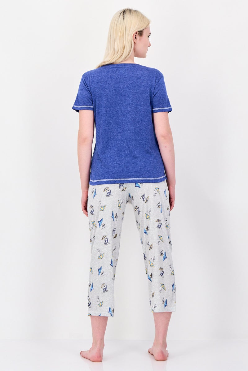 Peanuts Women 2Pcs Snoopy Print Pajama Top And Pants Set, Blue - Image 2